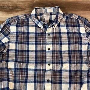 LL Bean Mens XXL Slim Fit Flannel Shirt Blue Tan Scotch Plaid Cotton 510590